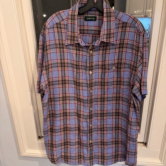Orvis Men's 100% LINEN Button Down Shirt Short Sleeve Blue / Gray Plaid Sz L NEW - Picture 3 of 13